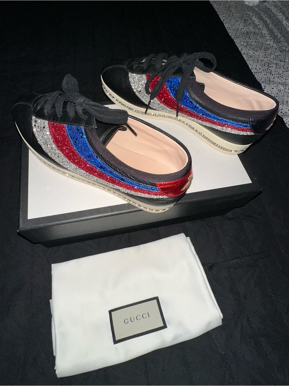 Gucci Black Sneakers with Red, Blue & Silver Glitter Waves - Picture 7 of 7